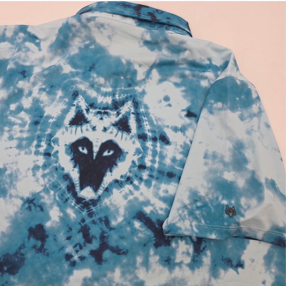GREYSON WOLF TIE DYE SPIRITS GOLF POLO MENS LARGE BLUE WHITE PERFORMANCE NWOT!